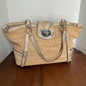 Coach Hamptons Straw Tote Bag Snakeskin Trim Zebra Lining Tan 19359
